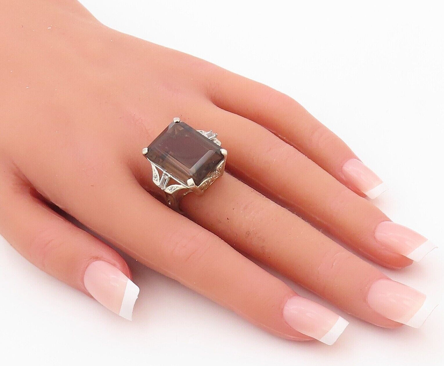 925 Sterling Silver Vintage Ring Rectangle Cut Smoky Quartz & CZ  Sz 7  RG29944