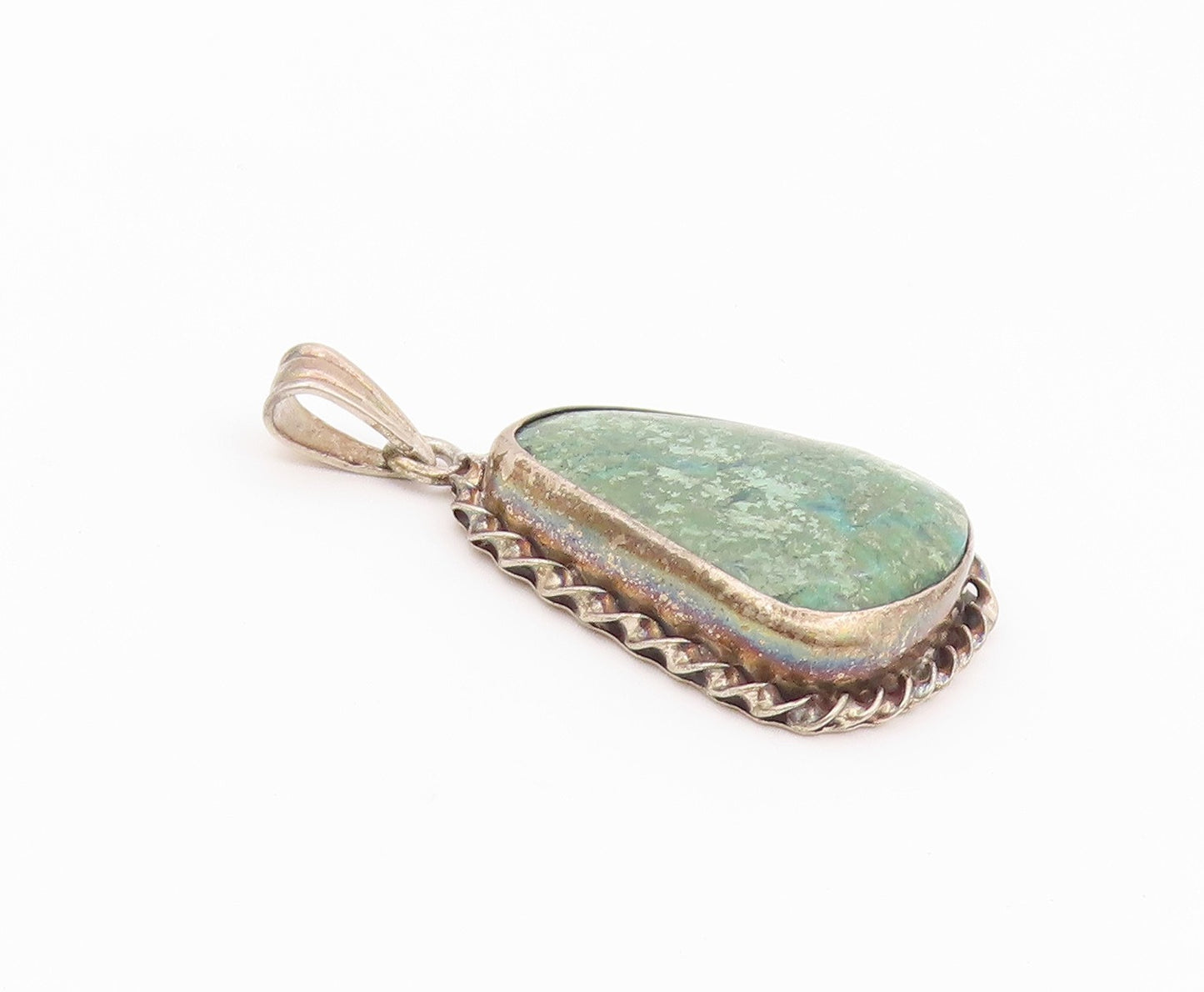 925 Sterling Silver Vintage Pendant Cabochon Turquoise Twisted Rope Edge PT26476