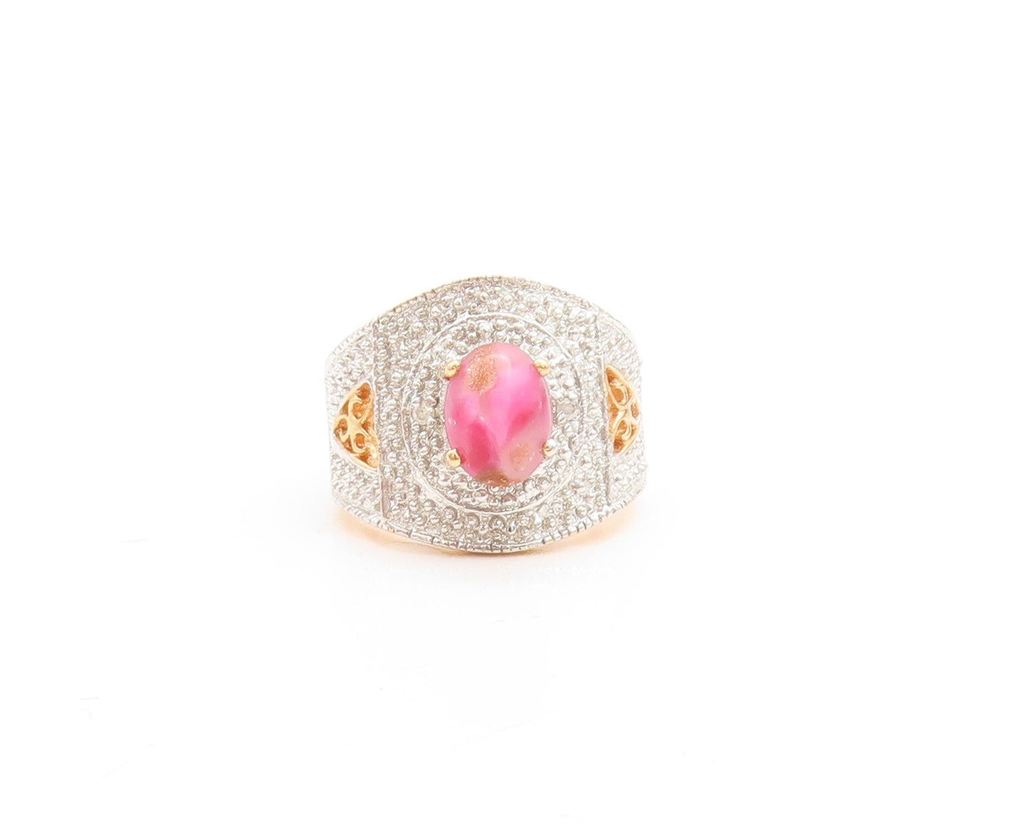925 Sterling Silver Vintage Ring Gold Plated Pink Gemstone & CZ  Sz 5  RG31457