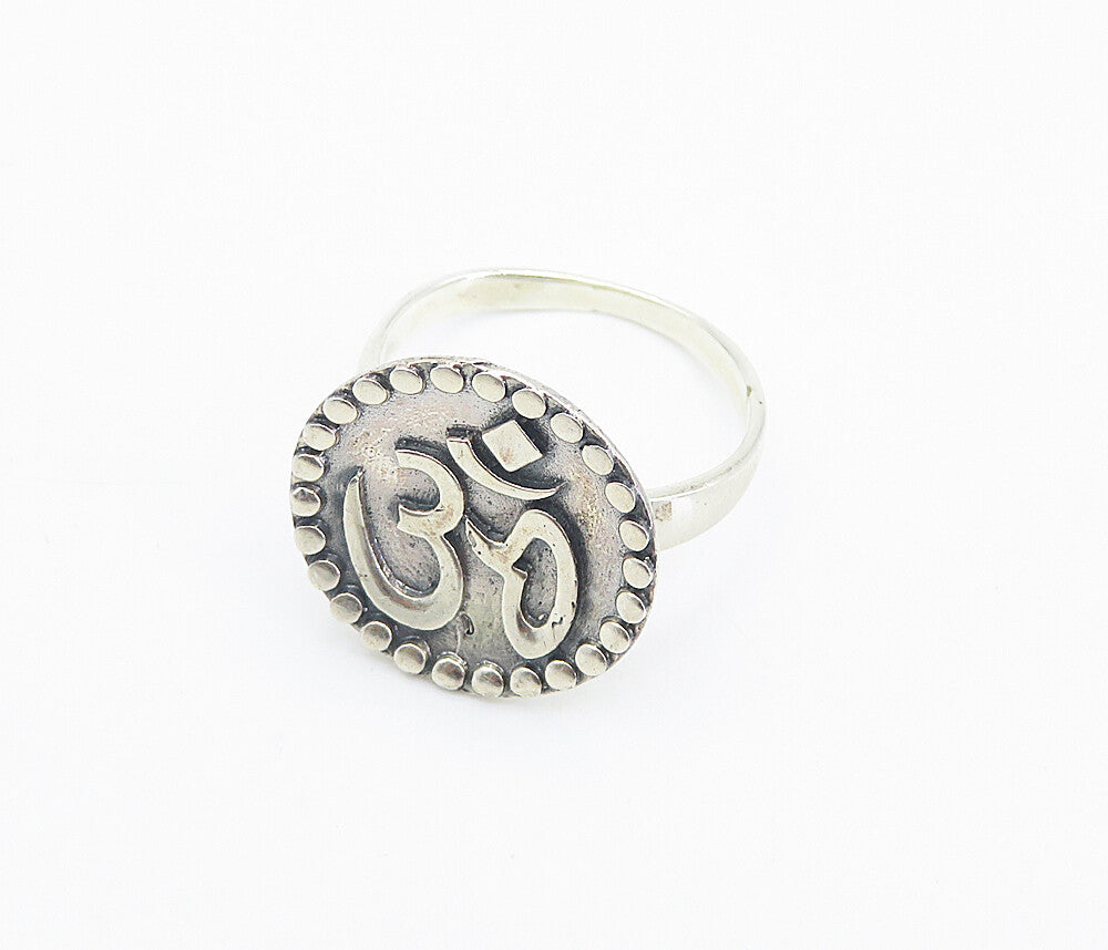 925 Sterling Silver  Om Spiritual Symbol Polished Cocktail Ring Sz 8.5  RG8477