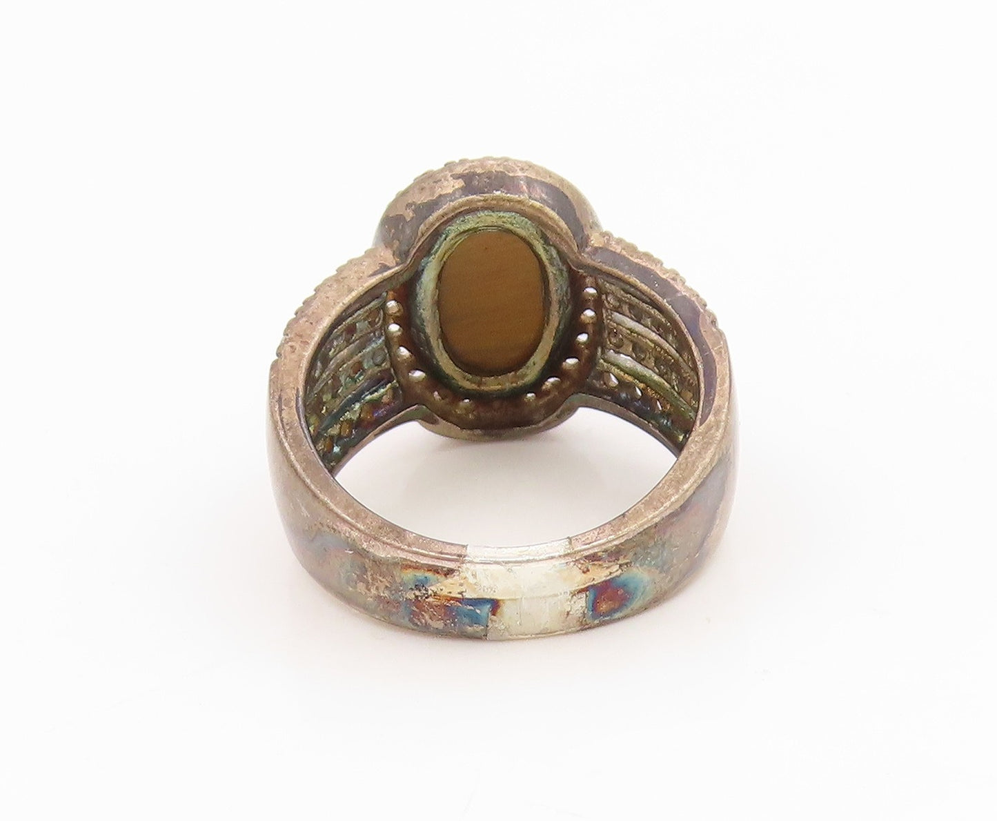 925 Sterling Silver Vintage Ring Classic Tiger's Eye Halo CZ Band  Sz 7  RG35969