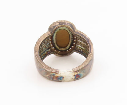 925 Sterling Silver Vintage Ring Classic Tiger's Eye Halo CZ Band  Sz 7  RG35969
