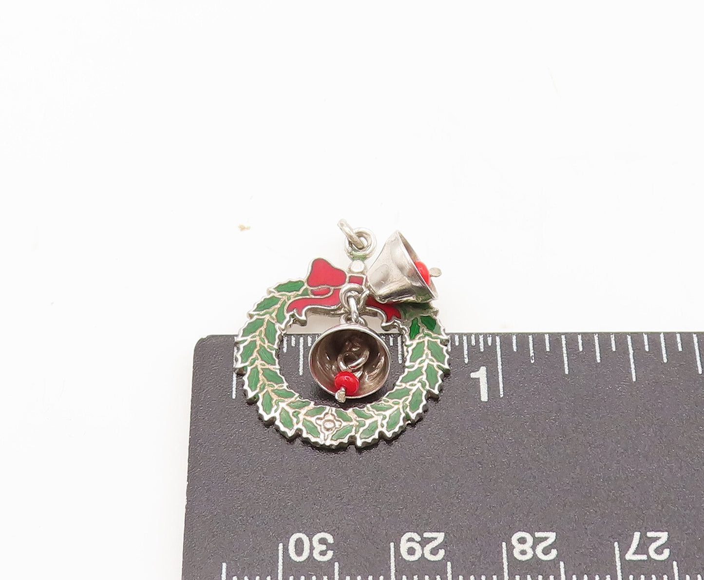 925 Sterling Silver Vintage Pendant Christmas Wreath With Movable Bells  PT22588