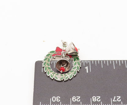 925 Sterling Silver Vintage Pendant Christmas Wreath With Movable Bells  PT22588