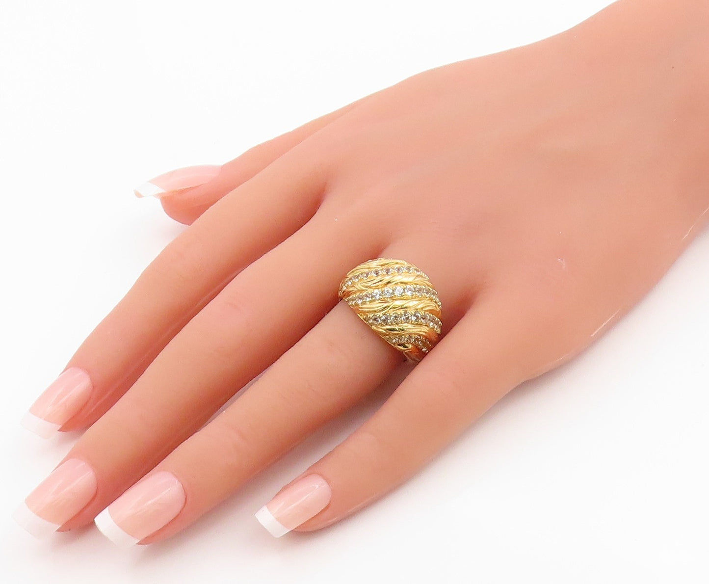 925 Sterling Silver Vintage Ring Gold Plated CZ Ribbed Dome Band  Sz 8  RG35916