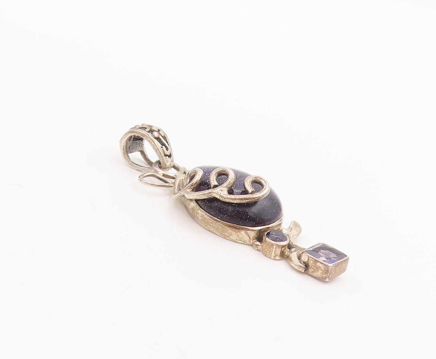 925 Sterling Silver Vintage Pendant Drop Goldstone Swirl Carved Amethyst PT22856