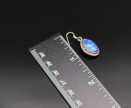 925 Silver  Vintage Etched Border Cabochon Lapis Lazuli Drop Earrings  EG12125