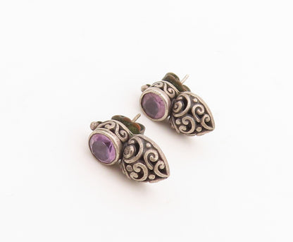 925 Sterling Silver Vintage Earrings Dark Tone Swirly Carved Amethyst  EG13248