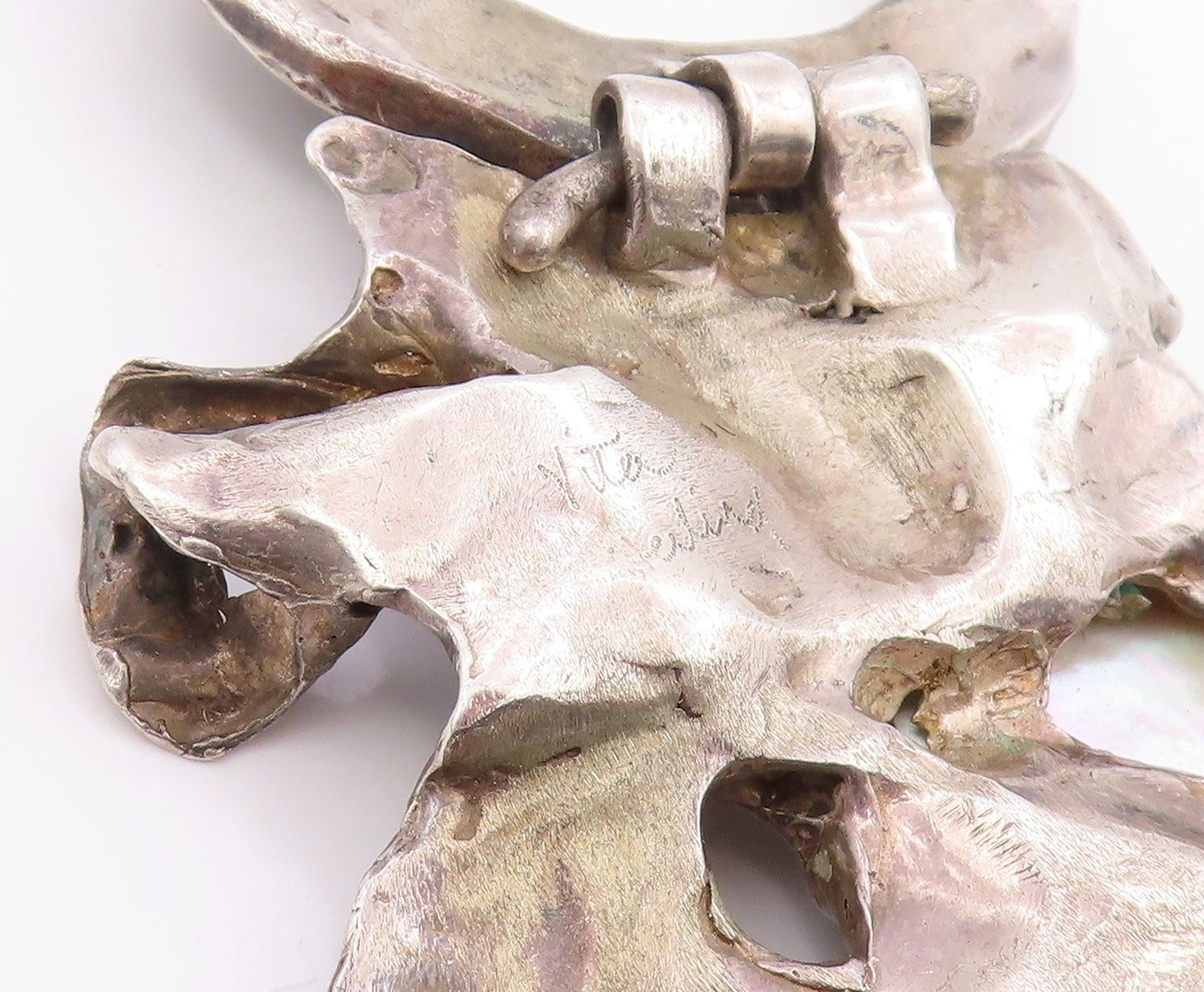925 Sterling Silver Vintage Pendant Abalone Solid Brutalist Design  PT25694