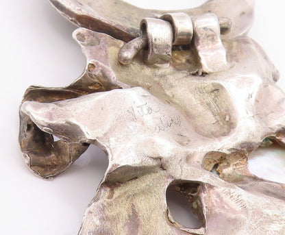 925 Sterling Silver Vintage Pendant Abalone Solid Brutalist Design  PT25694