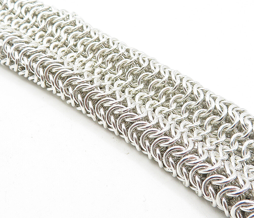 925 Sterling Silver  Vintage Shiny Heavy Weaved Net Link Chain Bracelet BT1625