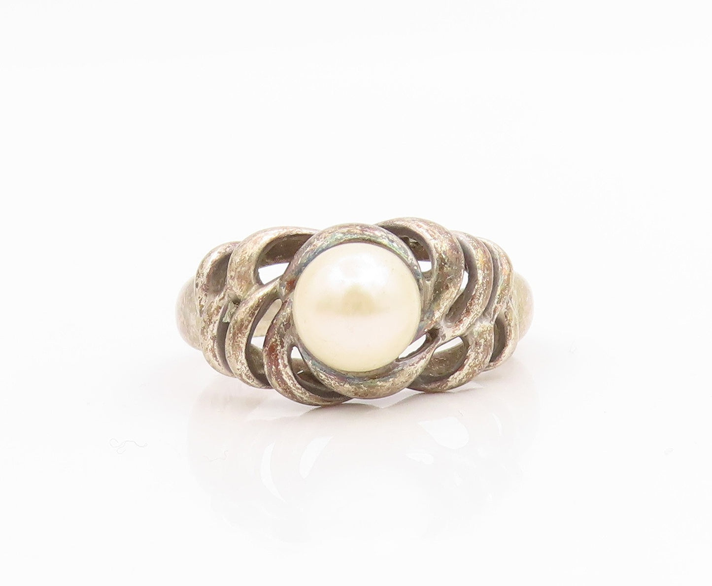 925 Sterling Silver Vintage Ring Round Pearl Elegant Woven Band  Sz 9  RG34888