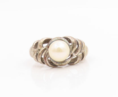 925 Sterling Silver Vintage Ring Round Pearl Elegant Woven Band  Sz 9  RG34888