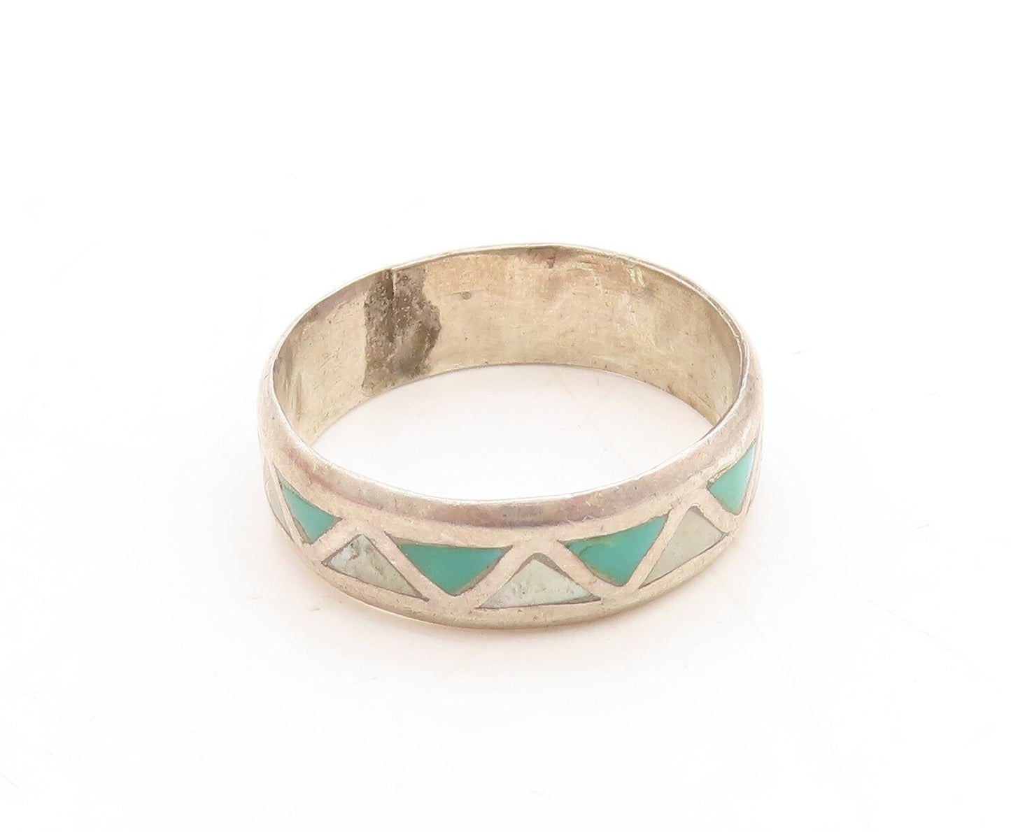 925 Sterling Silver Vintage Ring Triangle Carved Gemstone Inlay  Sz 9.5  RG31196