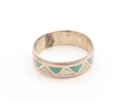 925 Sterling Silver Vintage Ring Triangle Carved Gemstone Inlay  Sz 9.5  RG31196