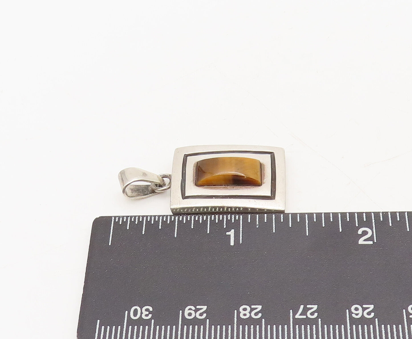 925 Sterling Silver Vintage Pendant MEXICO Etched Square Tiger's Eye  PT22431