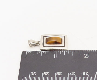 925 Sterling Silver Vintage Pendant MEXICO Etched Square Tiger's Eye  PT22431