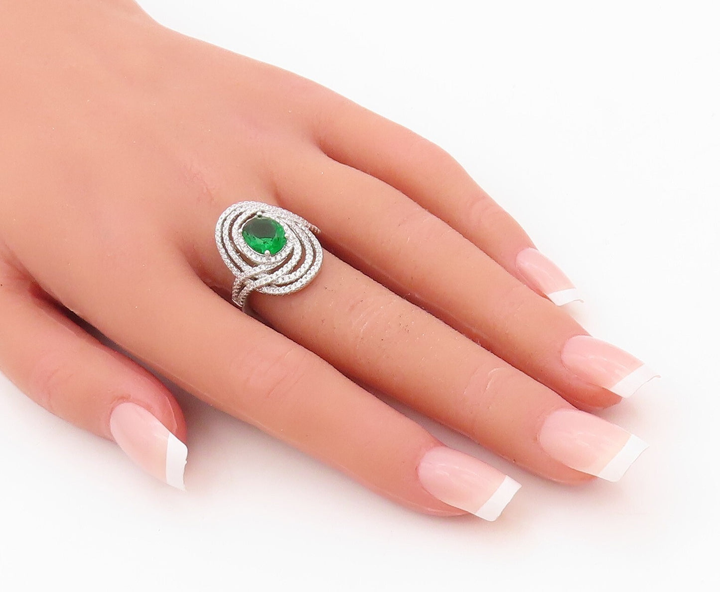 925 Sterling Silver Vintage Ring Oval Cut Green Halo White CZ   Sz 7.5  RG30436