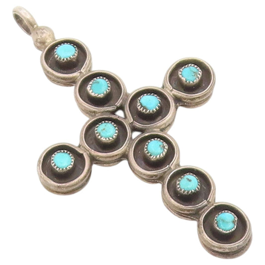 925 Sterling Silver Vintage Pendant NAVAJO ZUNI Turquoise & Coral Cross  PT26663