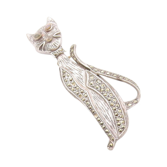 925 Sterling Silver Vintage Brooch Dark Tone Carved Marcasite Cat  BP11508