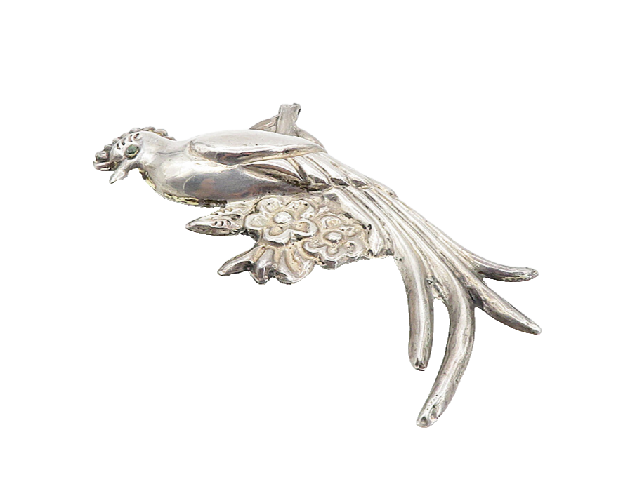 MEXICO 925 Sterling Silver  Vintage Turquoise Long Tail Bird Brooch Pin BP3150