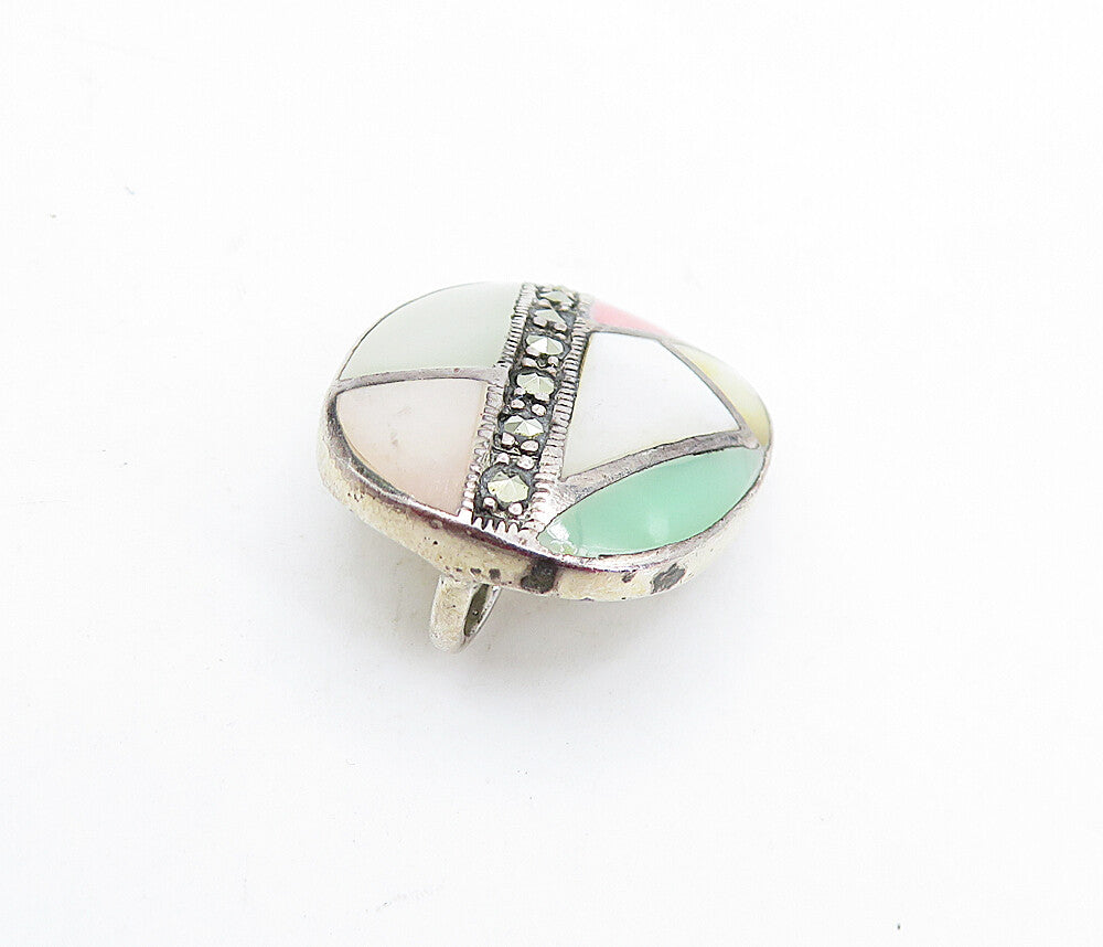 925 Silver Vintage Mother Of Pearl Rhodochrosite & Jade Mosaic Pendant PT3873