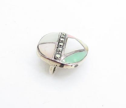 925 Silver Vintage Mother Of Pearl Rhodochrosite & Jade Mosaic Pendant PT3873