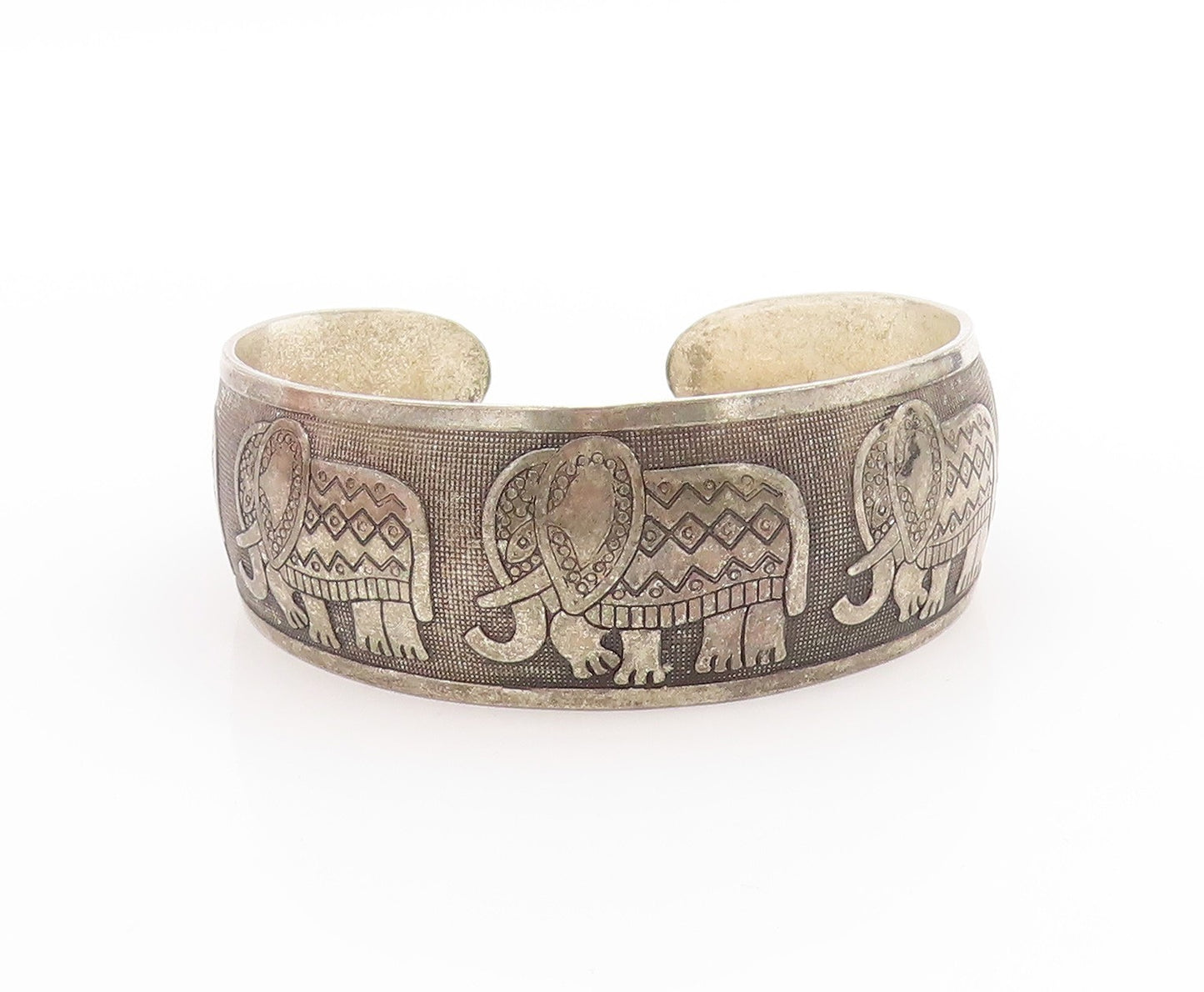 925 Sterling Silver Vintage Bracelet Etched Tribal Elephant Parade Cuff  BT11407