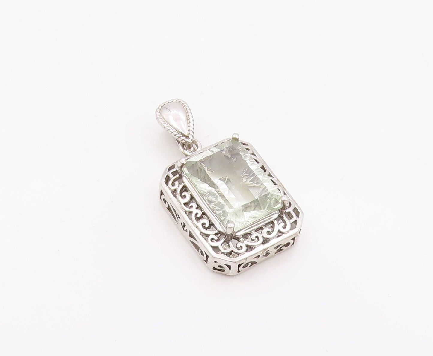 925 Sterling Silver Vintage Pendant Green Amethyst Carved Holy Cross  PT26337