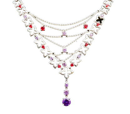 925 Sterling Silver  Vintage Amethyst & Spinel Cross Cutout Necklace  NE3868