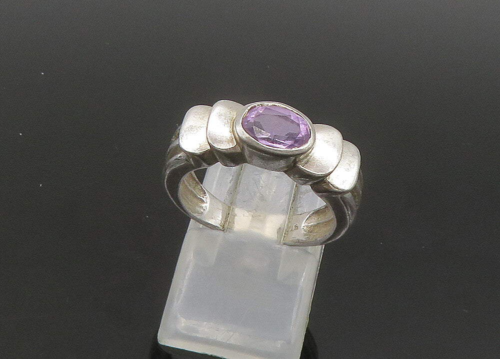 925 Sterling Silver  Vintage Faceted Amethyst Ribbed Band Ring Sz 7  RG21923