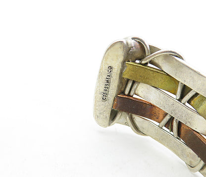 MEXICO 925 Sterling Silver  Vintage Shiny Three Tone Cuff Bracelet  BT1957