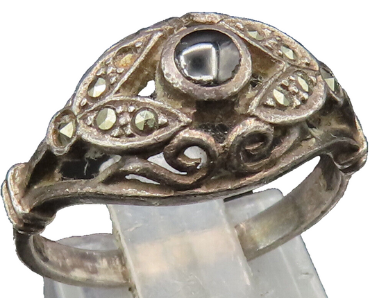 925 Silver  Vintage Black Onyx & Marcasite Swirl Dome Ring Sz 6  RG24925