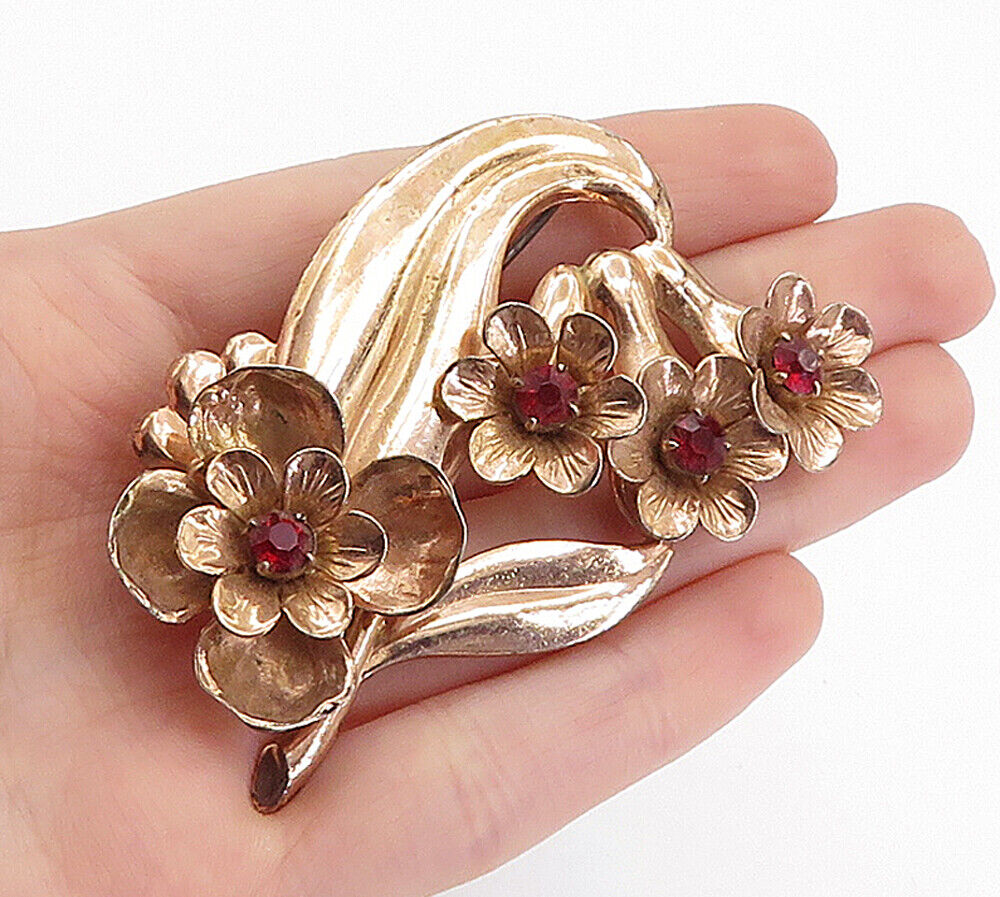 925 Sterling Silver  Vintage Red Topaz Copper Tone Floral Brooch Pin  BP2300