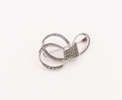 925 Sterling Silver Vintage Brooch Pin Modernist Loop Design Inlay Topaz BP11004