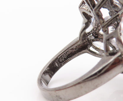 925 Sterling Silver Vintage Ring Dark Tone Drop Cut CZ Flowers  Sz 6.5  RG31767