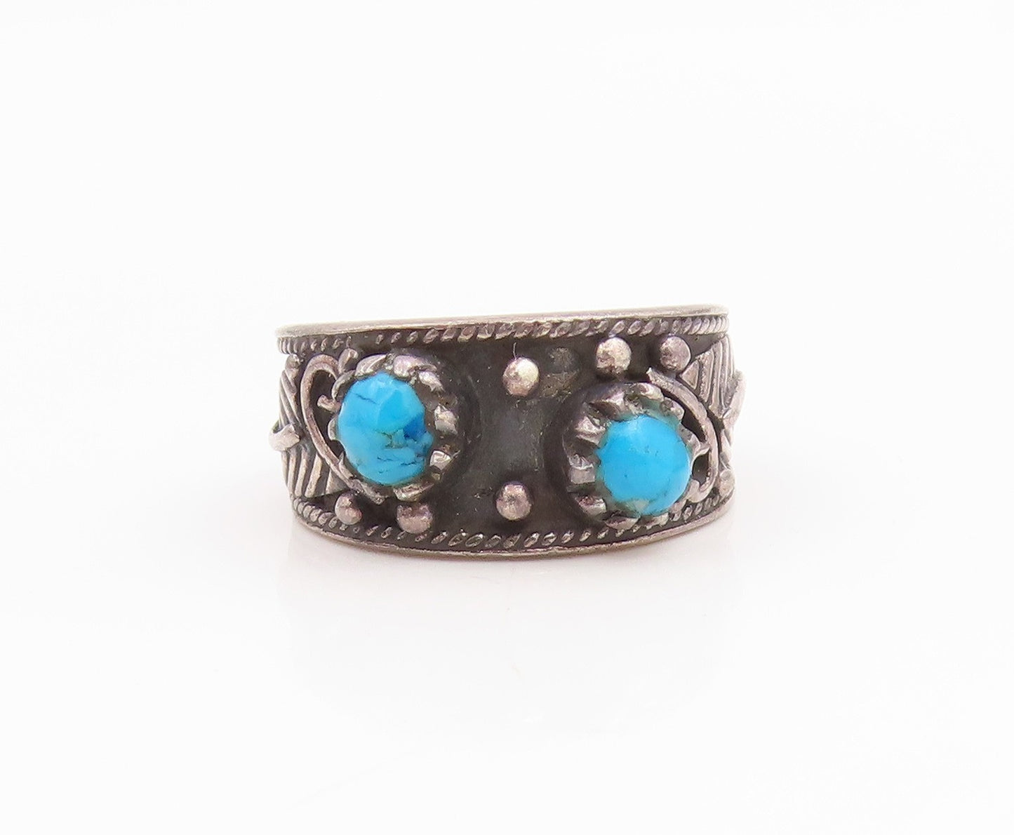 925 Sterling Silver Vintage Ring NAVAJO Turquoise leaf Motif Band  Sz 5  RG35331