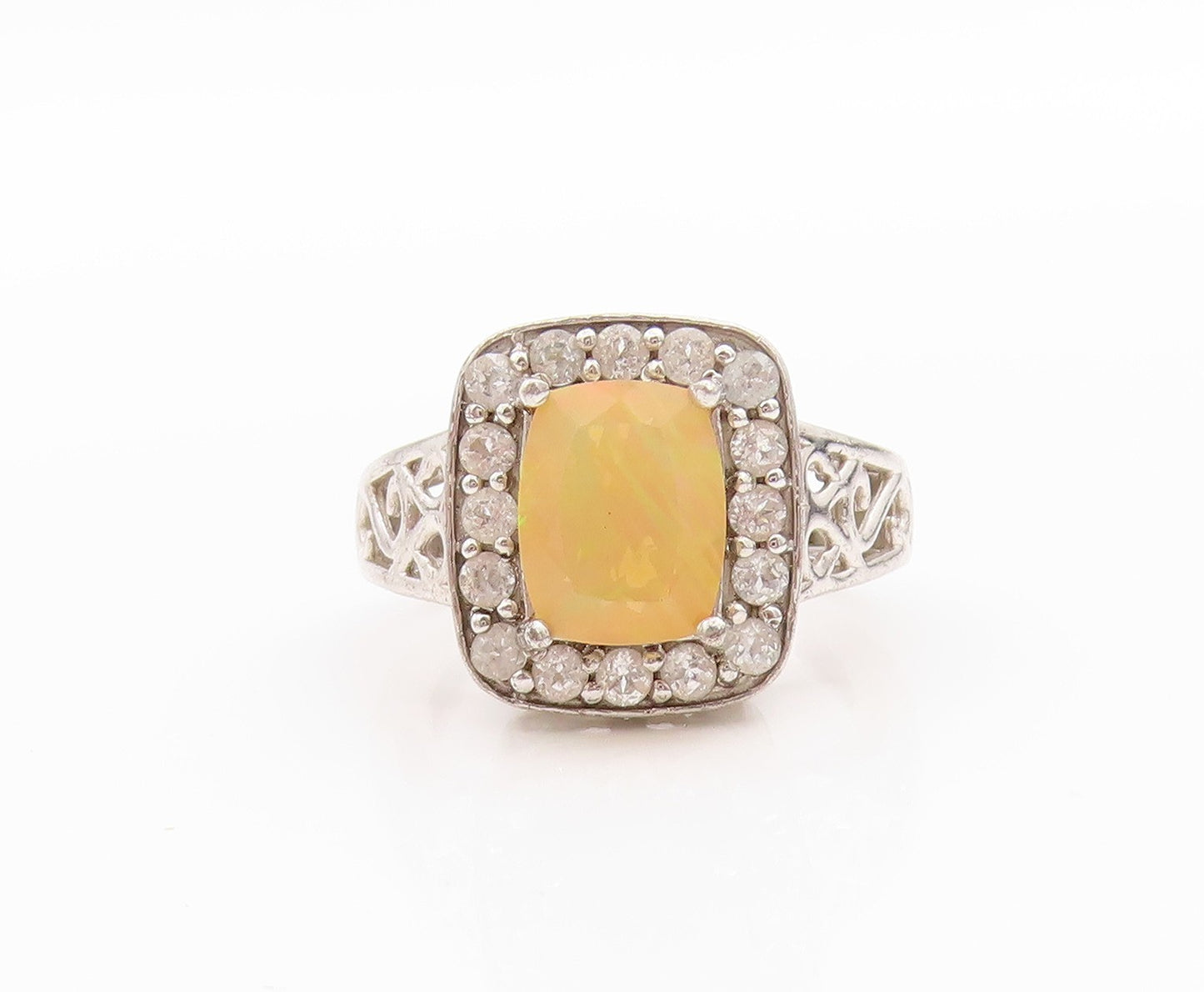 925 Sterling Silver Vintage Ring Fire Opal & Halo CZ Inlay Band  Sz 6.5  RG33479