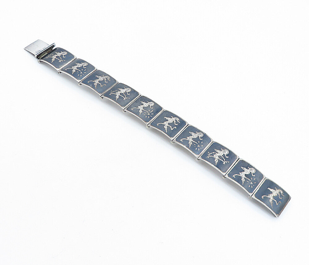 SIAM 925 Sterling Silver Vintage Niello Dancer Square Link Chain Bracelet BT2469