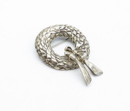 BREAKELL 925 Silver  Vintage Floral Wreath & Ribbon Bow Brooch Pin  BP1712