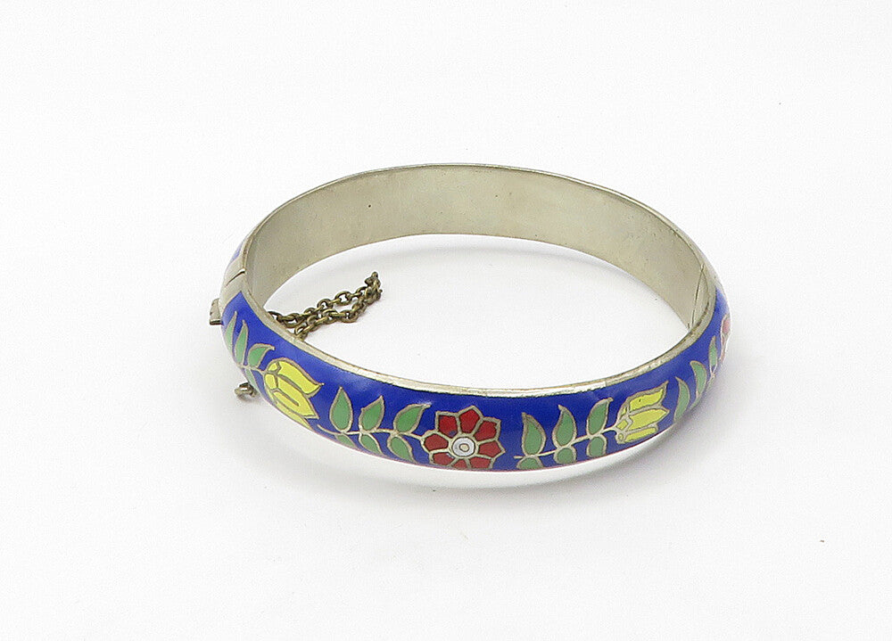 925 Sterling Silver  Vintage Enamel Floral Pattern Bangle Bracelet  BT8540