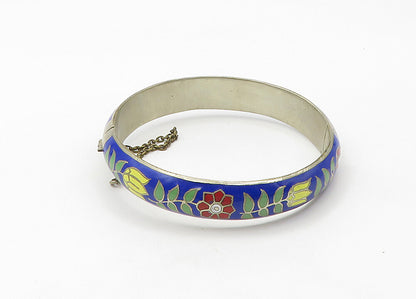925 Sterling Silver  Vintage Enamel Floral Pattern Bangle Bracelet  BT8540