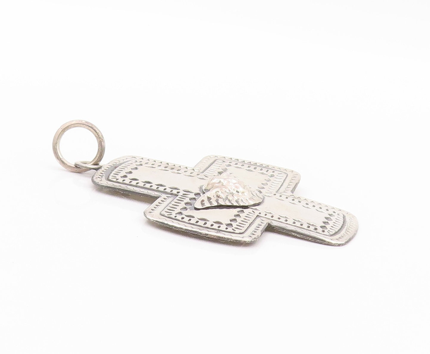 925 Sterling Silver Vintage Pendant MEXICO Four Way Cross Angel Carved  PT23995