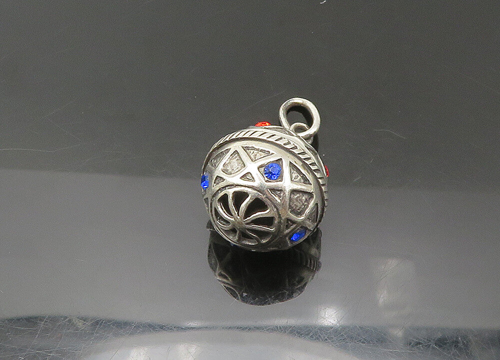 925 Sterling Silver  Vintage Red & Blue Topaz Hollow Sphere Pendant  PT18340