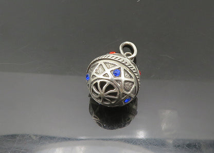 925 Sterling Silver  Vintage Red & Blue Topaz Hollow Sphere Pendant  PT18340