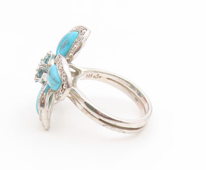 925 Sterling Silver Vintage Ring Real Diamonds & Topaz Floral Petal Sz 7 RG35237
