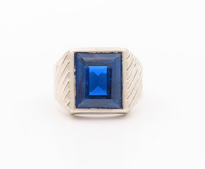 925 Sterling Silver Vintage Ring Rectangle Cut Blue CZ Grooved  SZ 8  RG32178