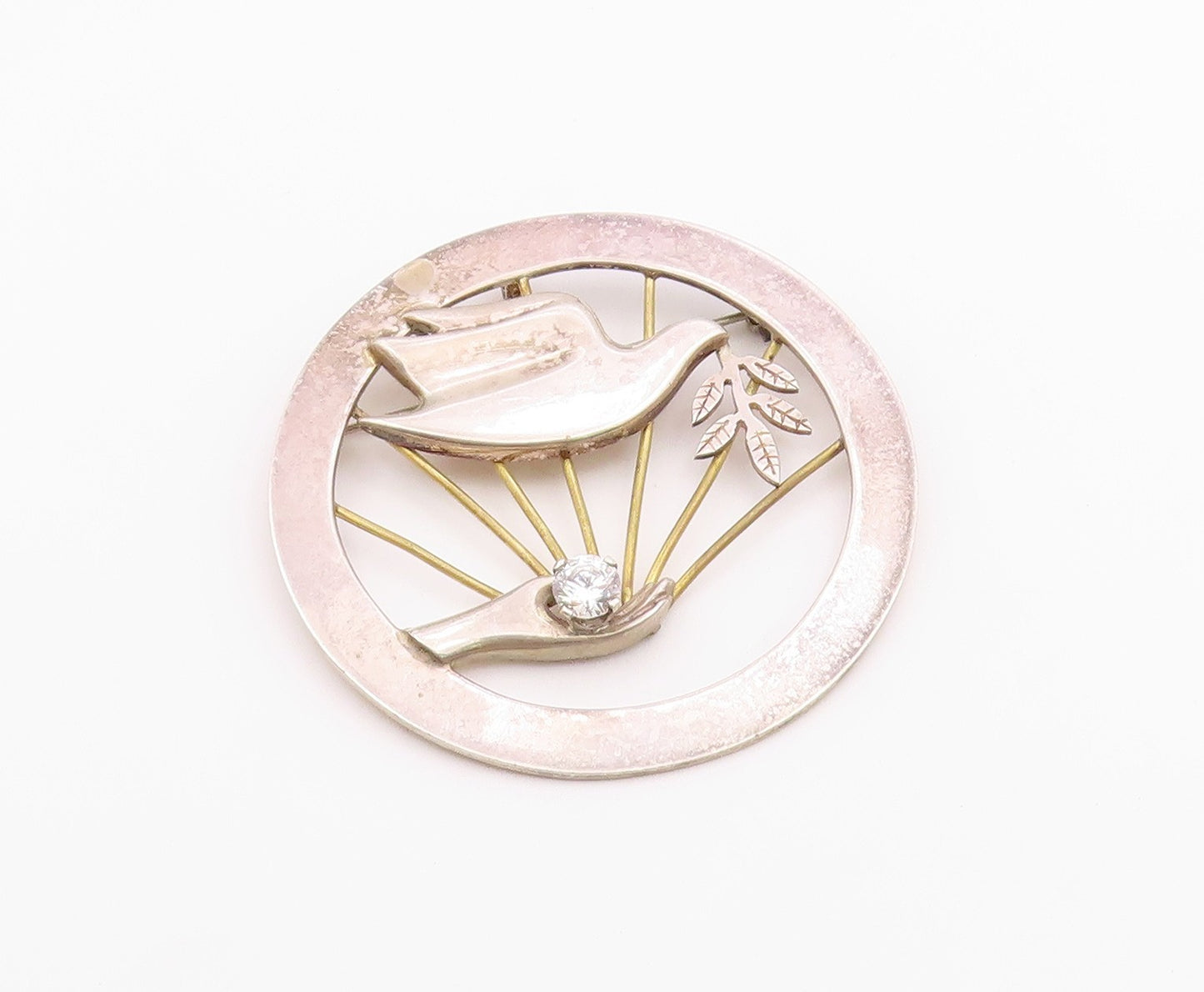 MISTY TAYLOR 925 Silver  Vintage Cubic Zirconia Hand & Dove Brooch Pin  BP6769