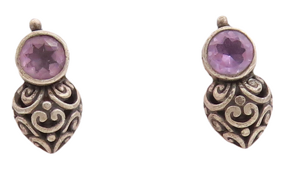 925 Sterling Silver Vintage Earrings Dark Tone Swirly Carved Amethyst  EG13248