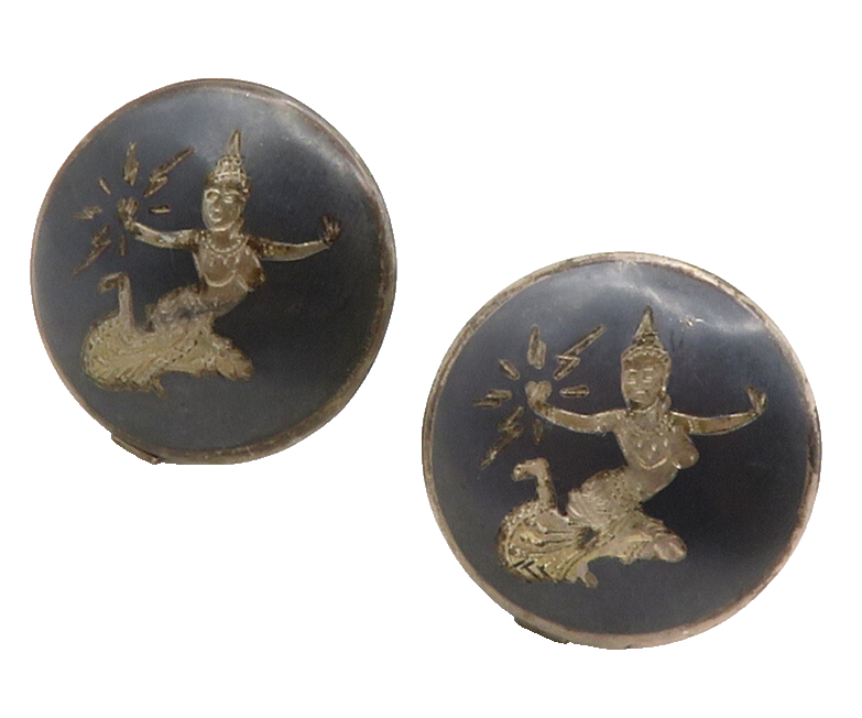 SIAM 925 Silver  Vintage Enamel Niello Dancer Non Pierce Drop Earrings  EG7010